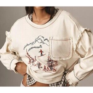 Anthropologie Pilcro Après Long-Sleeve Ruffled Cotton Tee Top Pullover L 286562